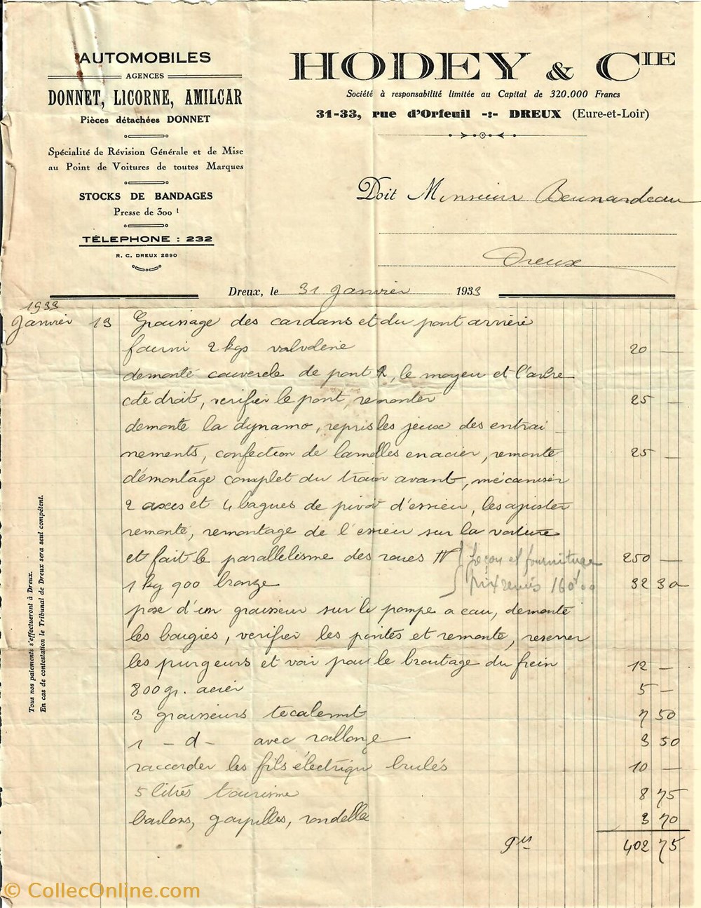 Garage Hodey & Cie documents anciens factures commerciaux garage hodey cie