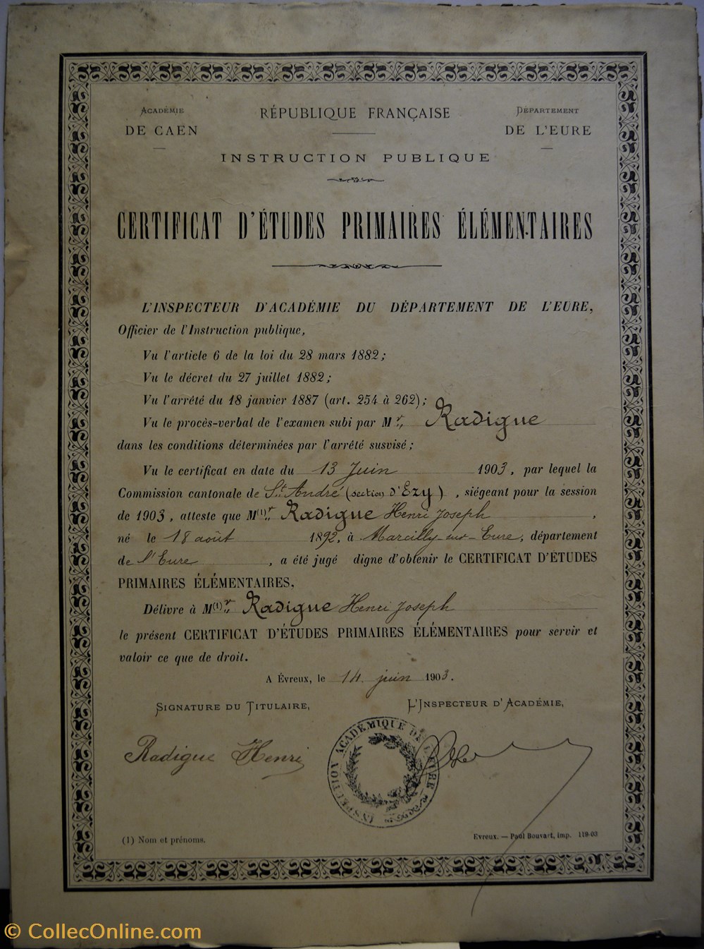 documents anciens diplomes bulletins scolaires certificat etudes primaires elementaires decerne a henri joseph radigue