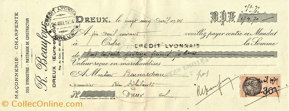 Mandat de la Maçonnerie R. Beaufour documents anciens factures commerciaux mandat de la maconnerie r beaufour