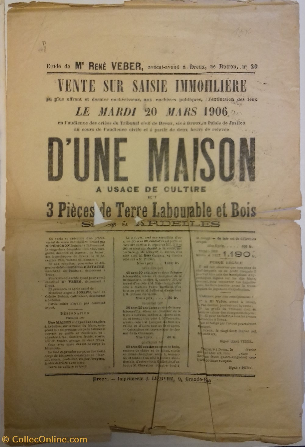 Vente d'une maison, de trois pièces de terre et bois documents anciens affiches institutionnelle vente une maison de trois pieces de terre et bois