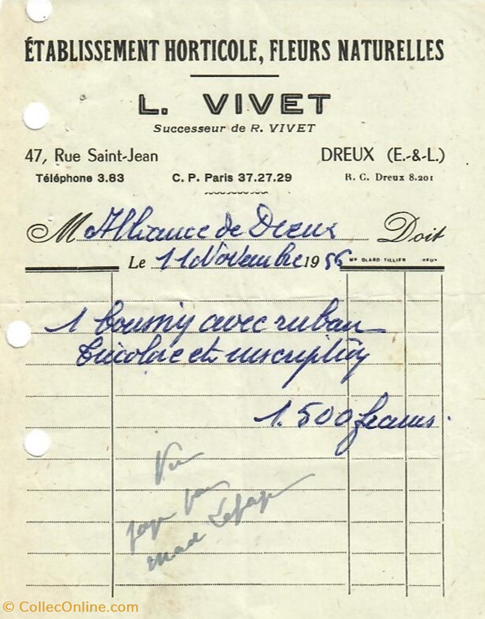 Établissement Horticole, Fleurs Naturelles L. Vivet documents anciens factures commerciaux etablissement horticole fleurs naturelles l vivet