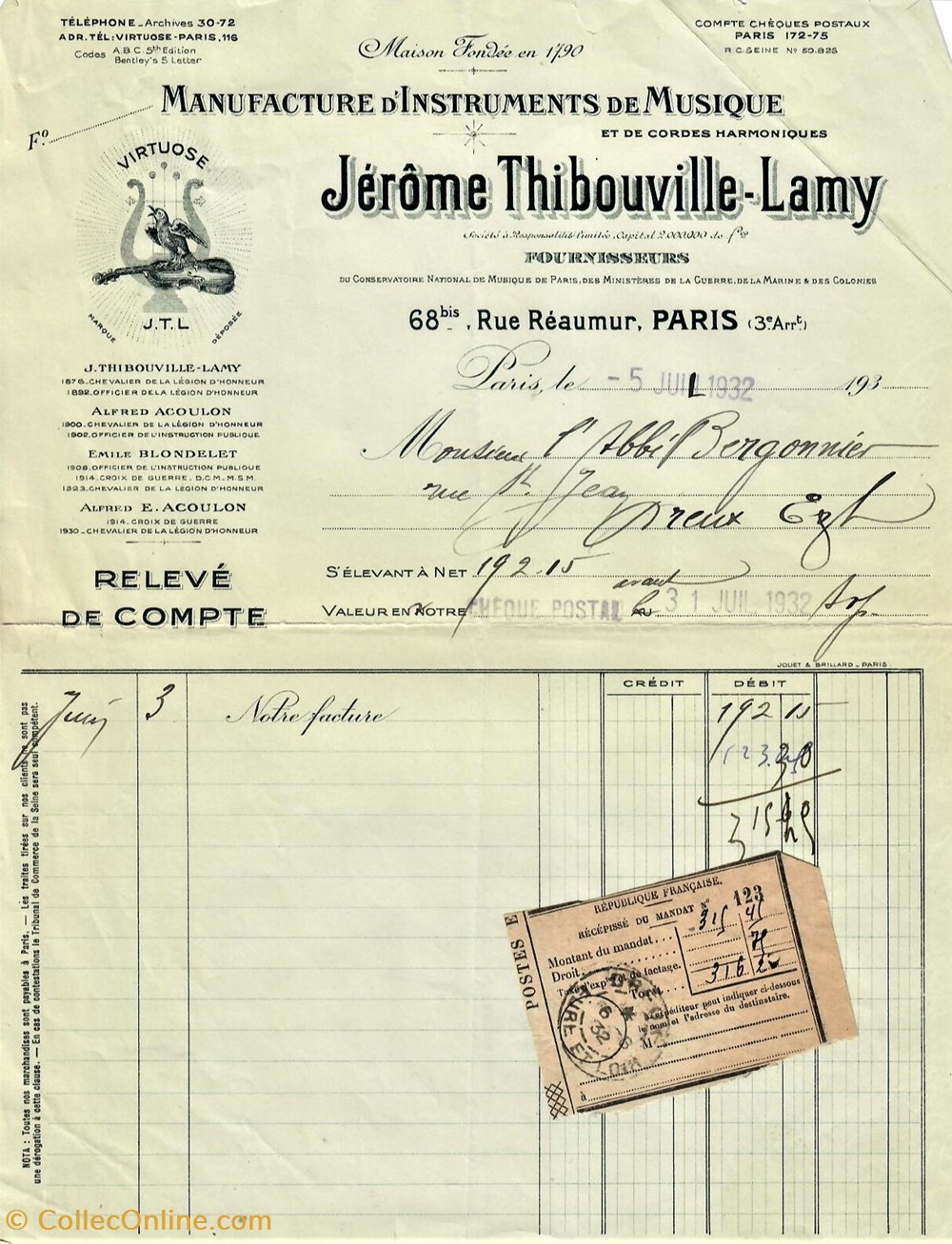 Manufacture d'Instruments de Musique Jérôme Thibouville-Lamy documents anciens factures commerciaux manufacture instruments de musique jerome thibouville lamy