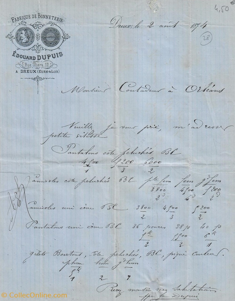 documents anciens factures commerciaux fabrique de bonneterie edouard dupuis