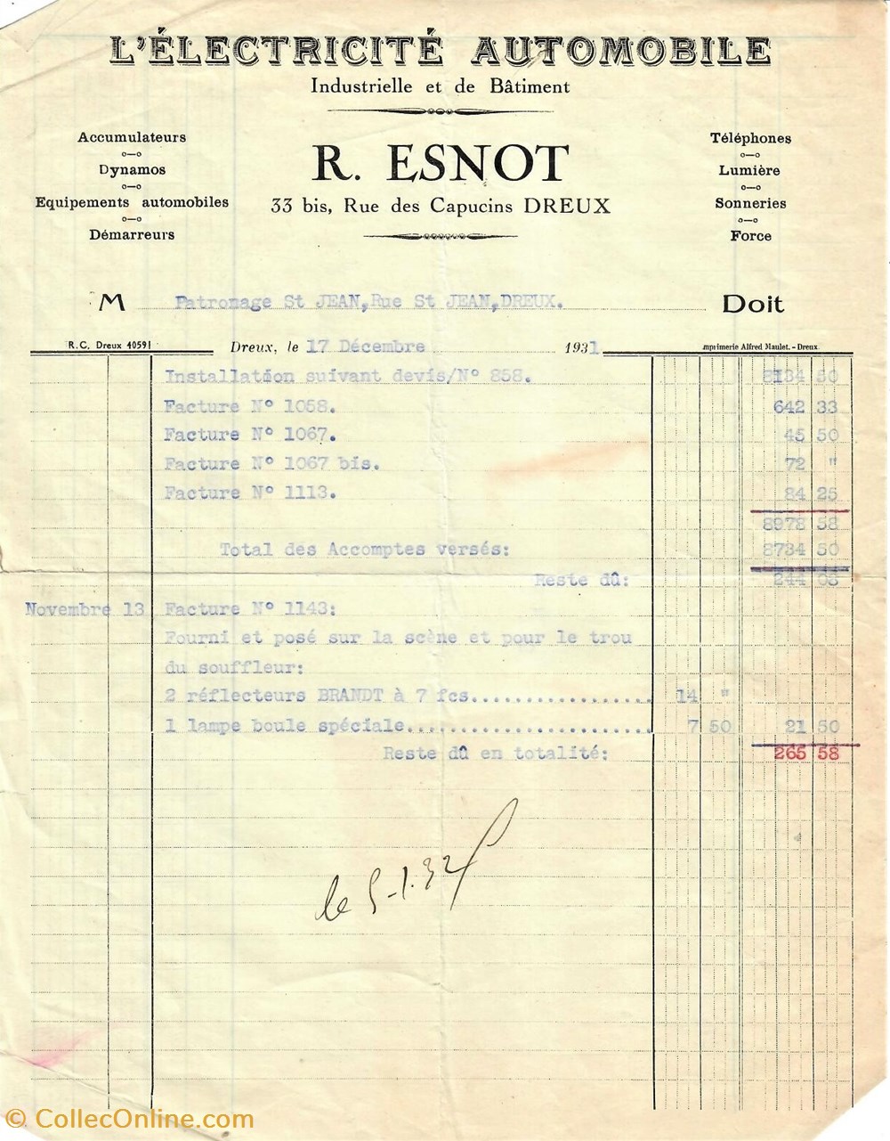 L'Électricité Automobile R. Esnot documents anciens factures commerciaux l electricite automobile r esnot