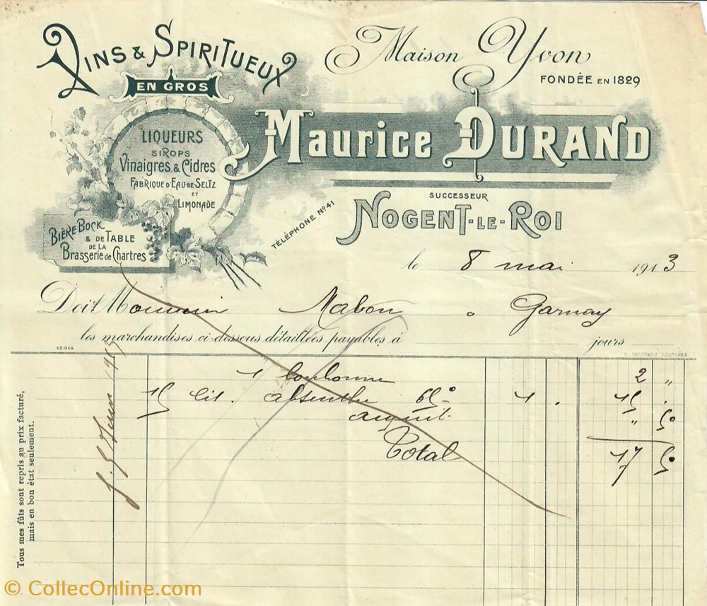 Vins & Spiritueux en gros Maurice Durand documents anciens factures commerciaux vins spiritueux en gros maurice durand
