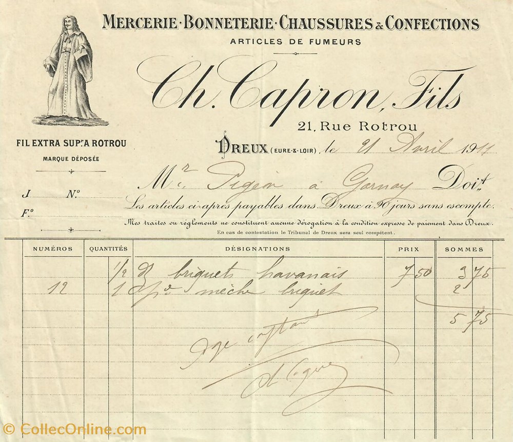 Mercerie Ch. Capron Fils documents anciens factures commerciaux mercerie ch capron fils