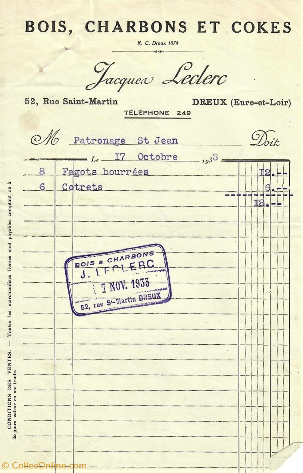 Bois, Charbons et Cokes Jacques Leclerc documents anciens factures commerciaux bois charbons et cokes jacques leclerc