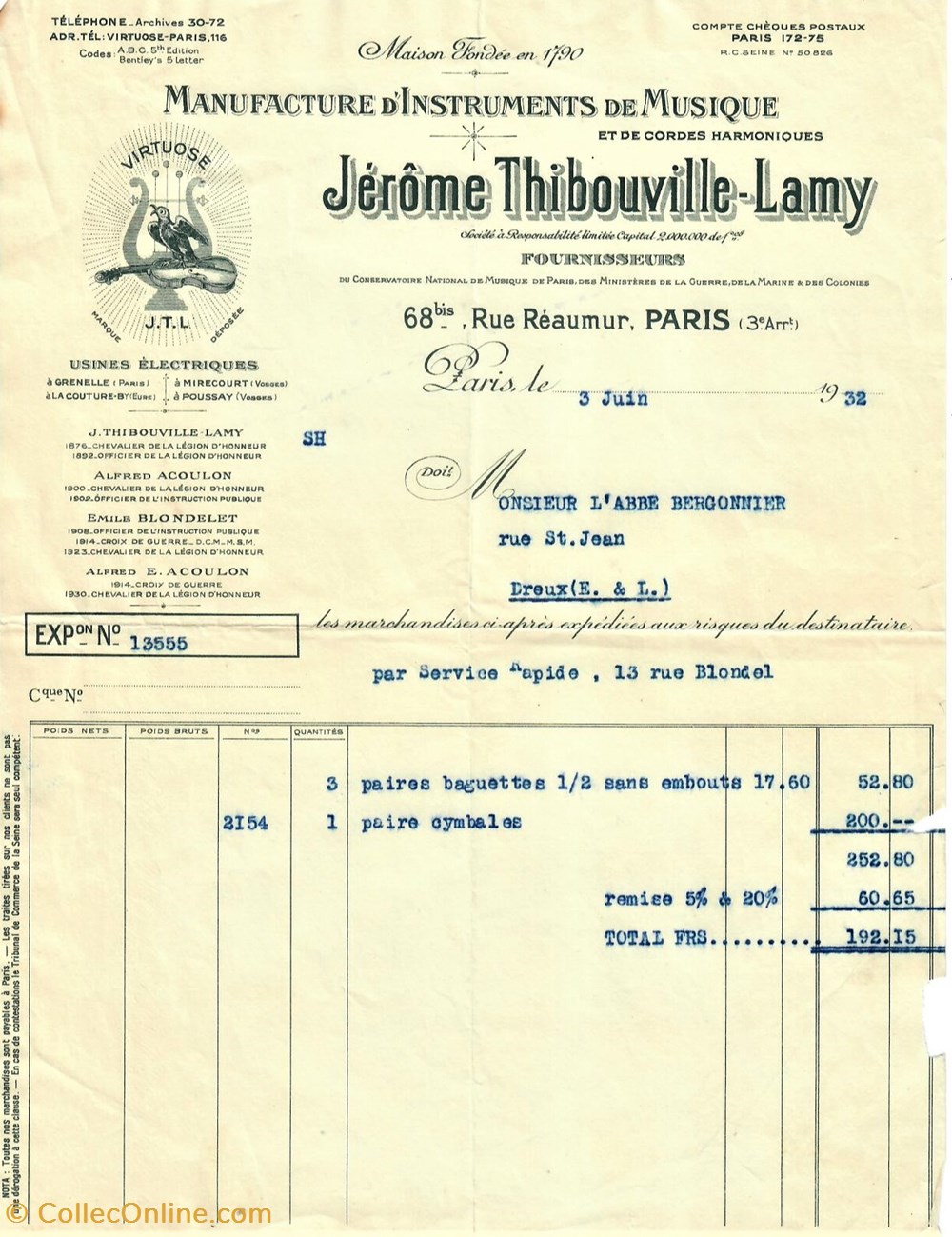 Manufacture d'Instruments de Musique Jérôme Thibouville-Lamy documents anciens factures commerciaux manufacture instruments de musique jerome thibouville lamy