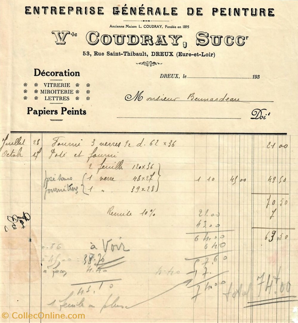 Entreprise Générale de Peinture Coudray documents anciens factures commerciaux entreprise generale de peinture coudray