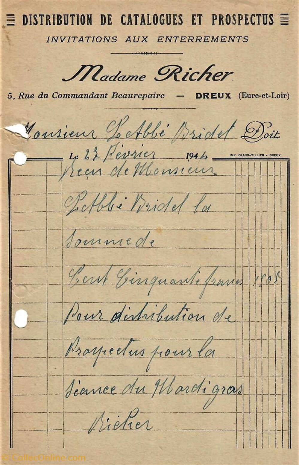 Distribution de Catalogues et Prospectus Madame Richer documents anciens factures commerciaux distribution de catalogues et prospectus madame richer