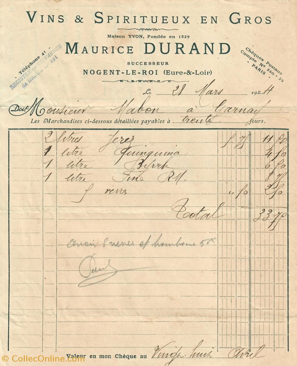 documents anciens factures commerciaux vins spiritueux en gros maurice durand