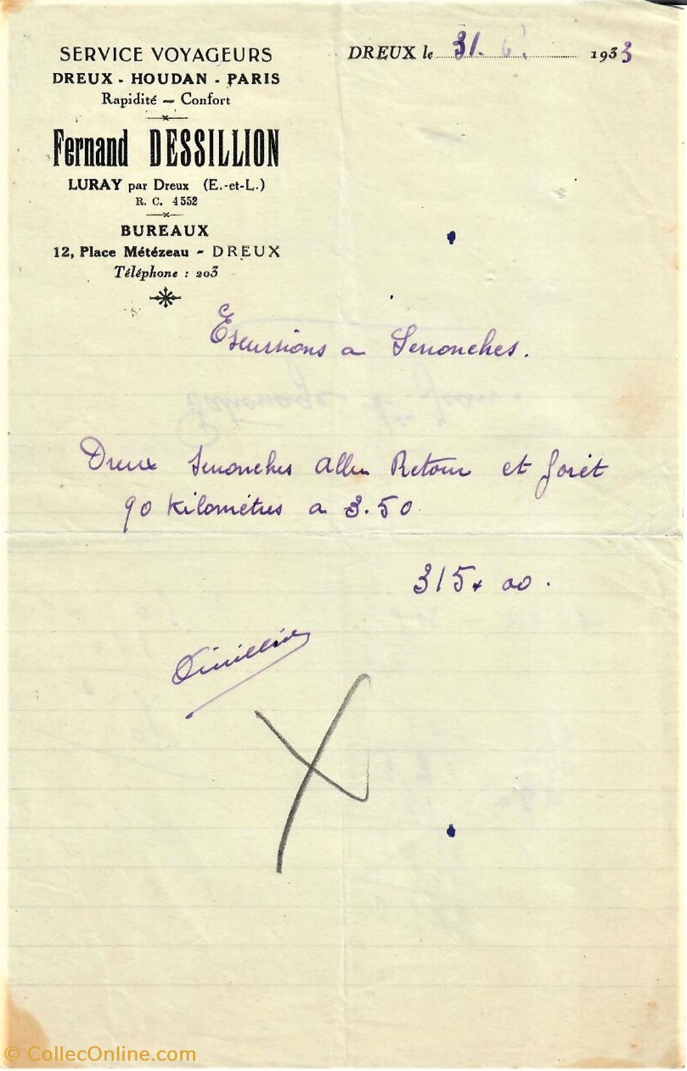 Service Voyageurs Fernand Dessillion documents anciens factures commerciaux service voyageurs fernand dessillion