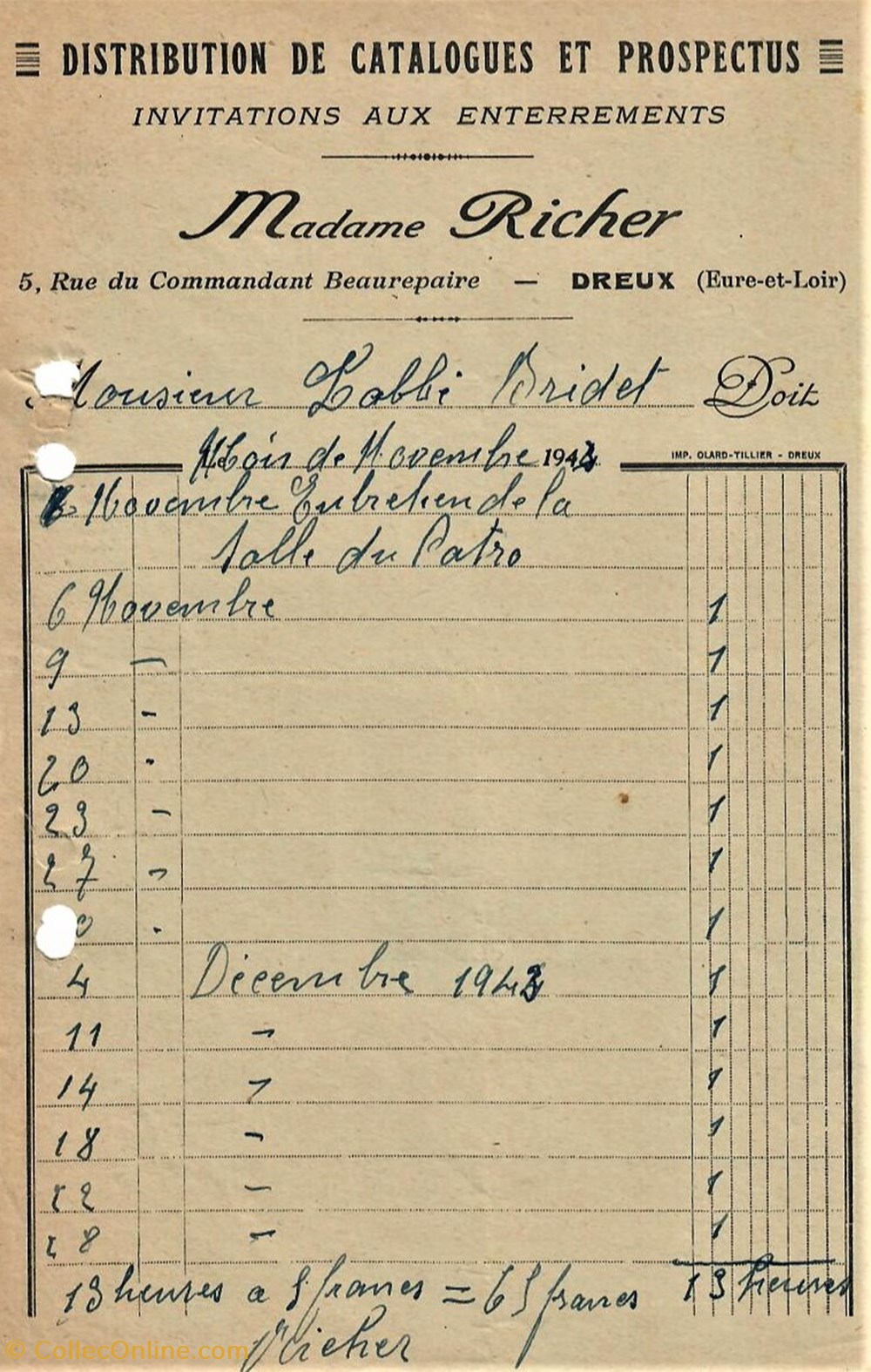 Distribution de Catalogues et Prospectus Madame Richer documents anciens factures commerciaux distribution de catalogues et prospectus madame richer