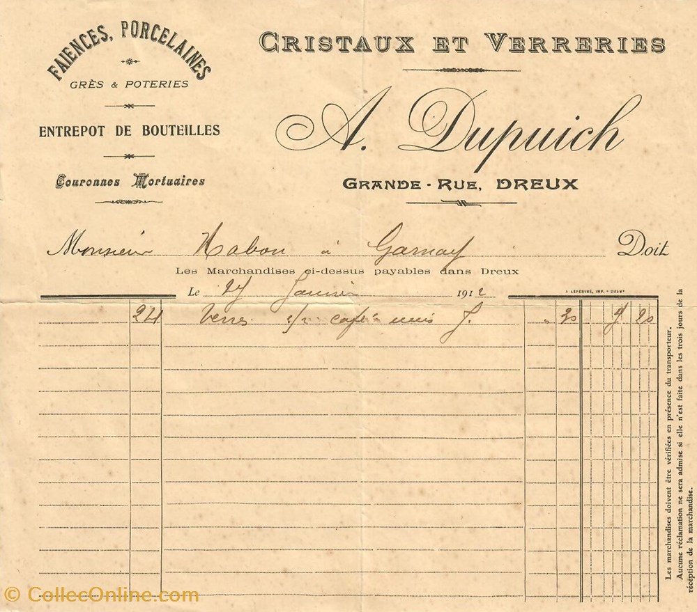 Cristaux et Verreries A. Dupuich documents anciens factures commerciaux cristaux et verreries a dupuich