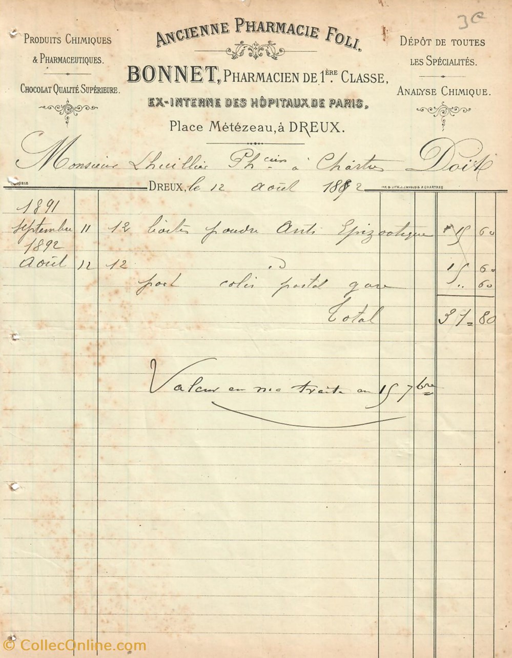 Pharmacie Bonnet documents anciens factures commerciaux pharmacie bonnet
