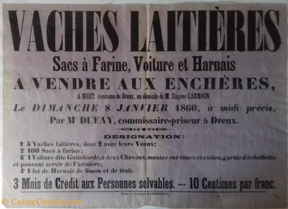 Vente de vaches laitières, sacs à farine, voiture et harnais documents anciens affiches institutionnelle vente de vaches laitieres sacs a farine voiture et harnais