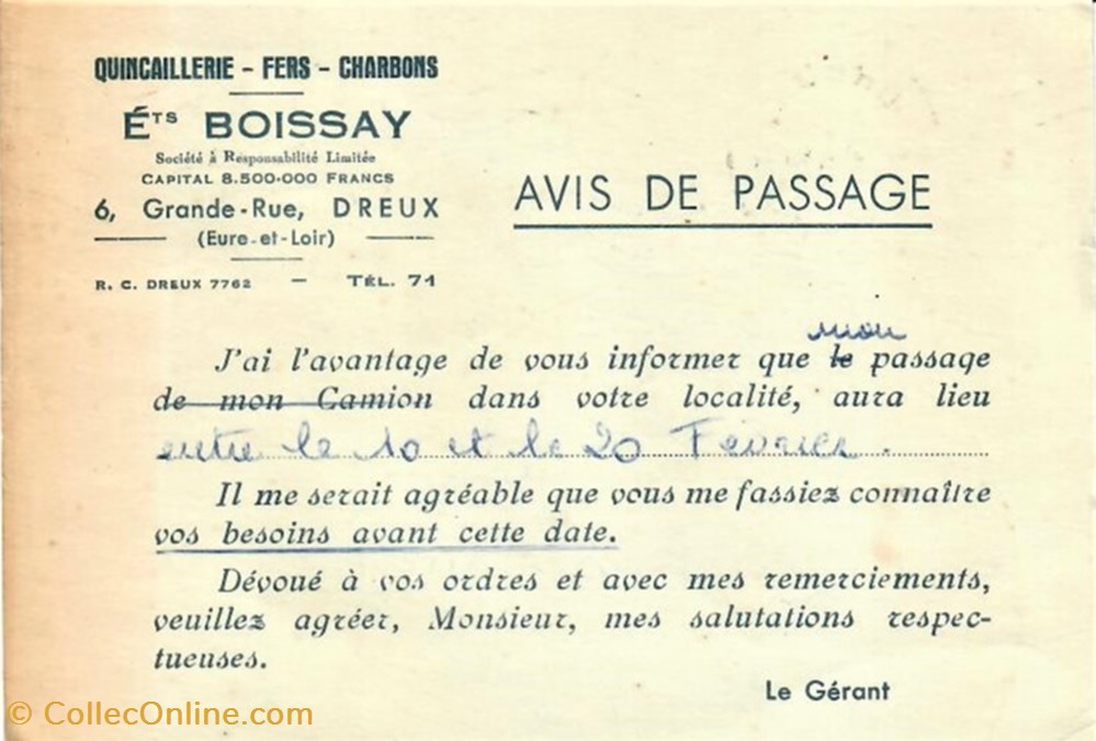 Avis de passage des Établissements Boissay documents anciens factures commerciaux avis de passage des etablissements boissay