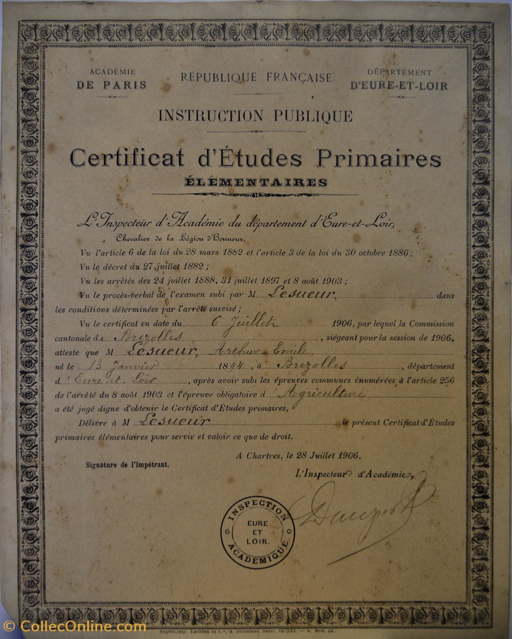 Certificat d'Études Primaires Élémentaires décerné à Arthur Emile Lesueur documents anciens diplomes bulletins scolaires certificat etudes primaires elementaires decerne a arthur emile lesueur