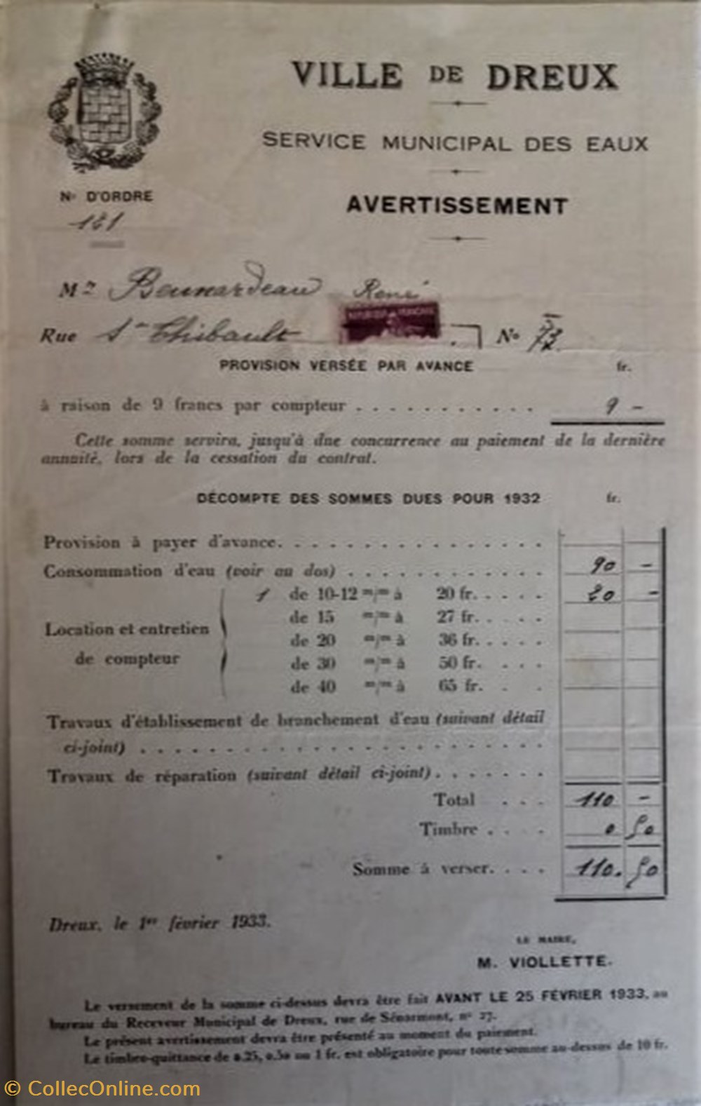 Service Municipal des Eaux de Dreux documents anciens factures commerciaux service municipal des eaux de dreux