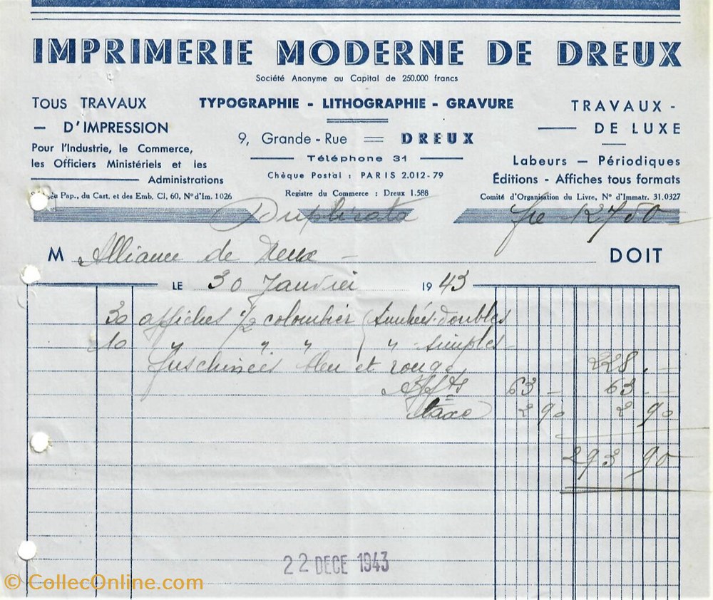 Imprimerie Moderne de Dreux documents anciens factures commerciaux imprimerie moderne de dreux