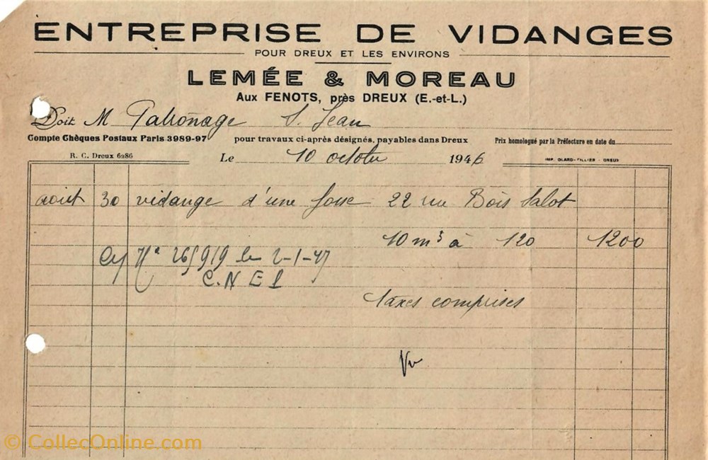 Entreprise de Vidanges Lemée & Moreau documents anciens factures commerciaux entreprise de vidanges lemee moreau
