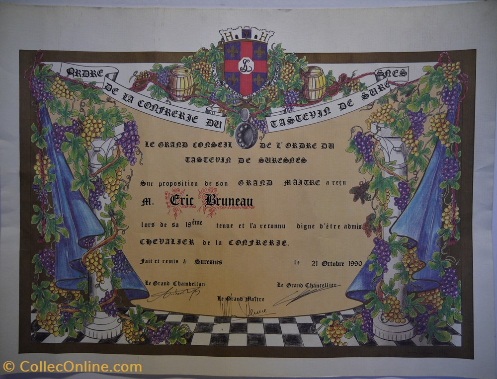 documents anciens diplomes bulletins scolaires certificat admission de ordre de la confrerie du tastevin de suresnes decerne a eric bruneau