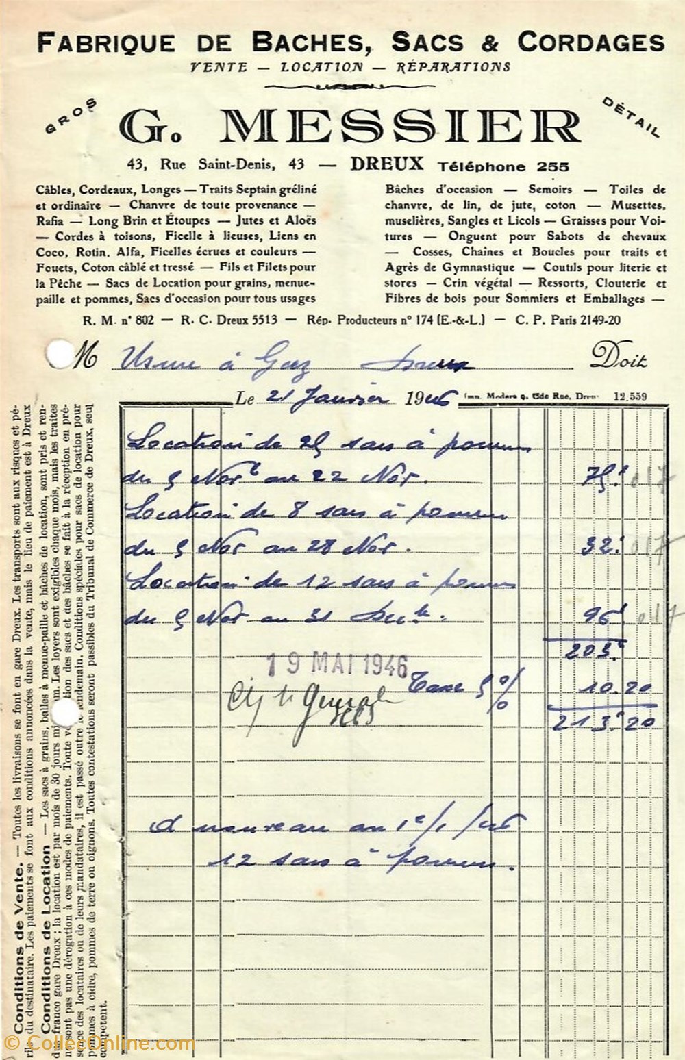 Fabrique de Sacs, Baches, Cordages G. Messier documents anciens factures commerciaux fabrique de sacs baches cordages g messier