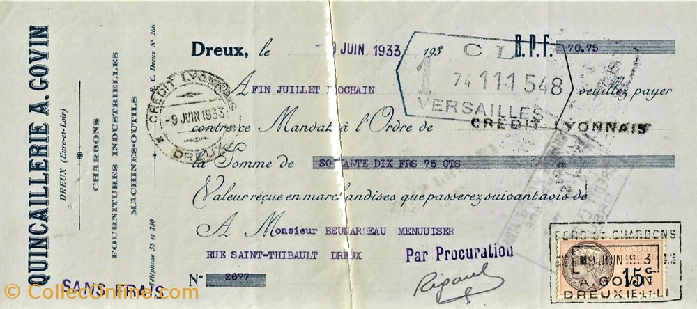 documents anciens factures commerciaux mandat de la quincaillerie a govin