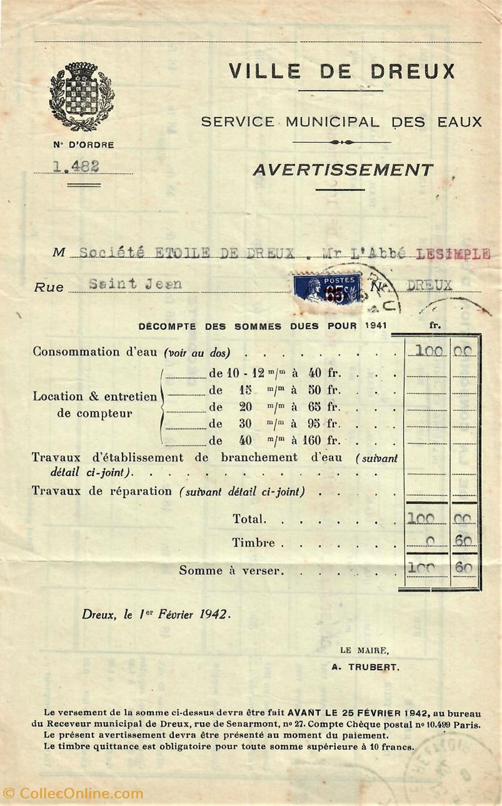 Service Municipal des Eaux de Dreux documents anciens factures commerciaux service municipal des eaux de dreux