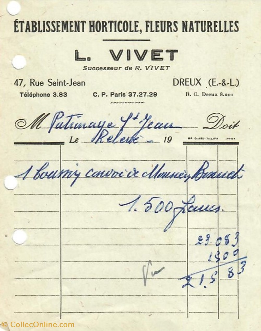 Établissement Horticole, Fleurs Naturelles L. Vivet documents anciens factures commerciaux etablissement horticole fleurs naturelles l vivet