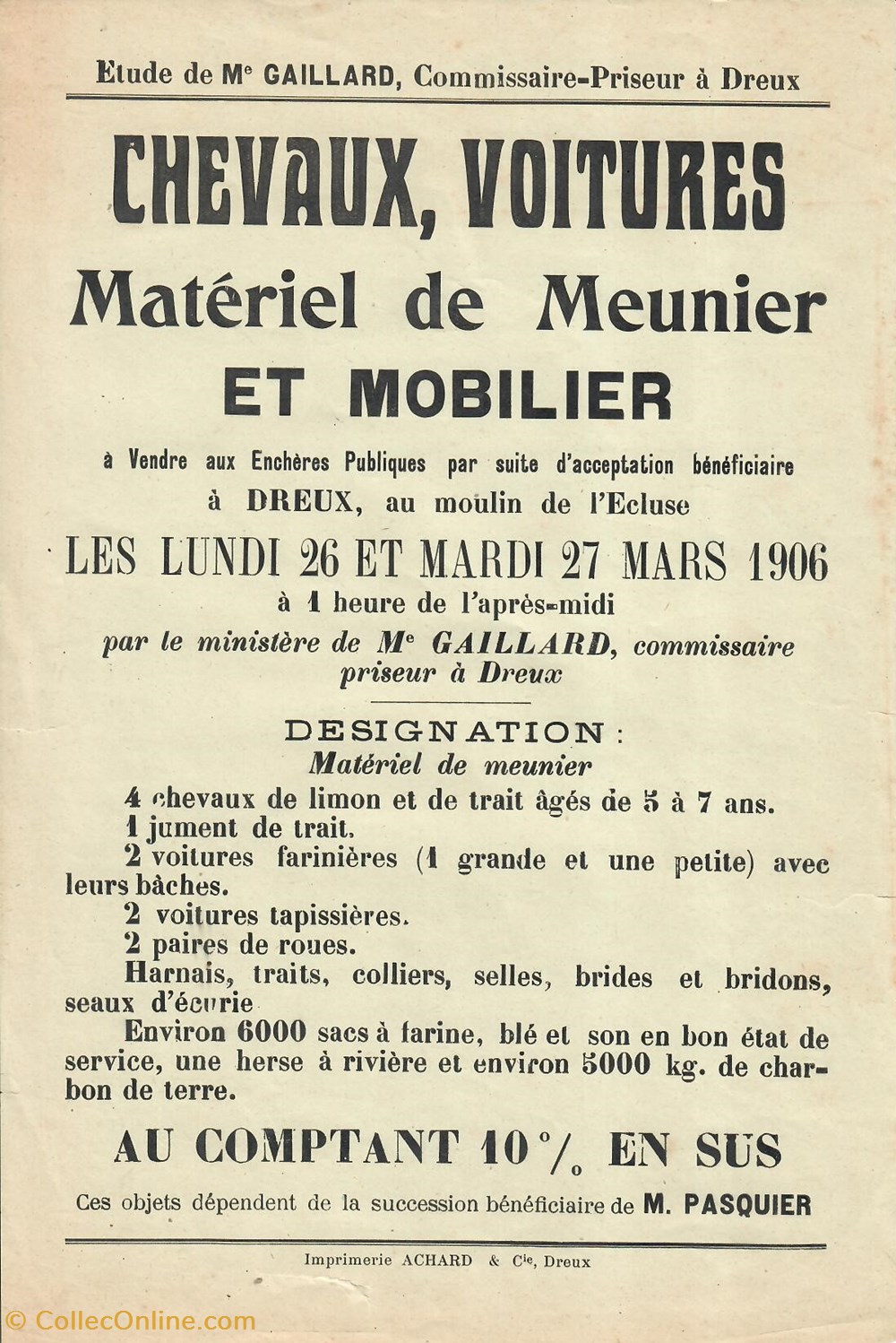 Vente de chevaux, voitures, matériel de meunier et mobilier documents anciens affiches institutionnelle vente de chevaux voitures materiel de meunier et mobilier
