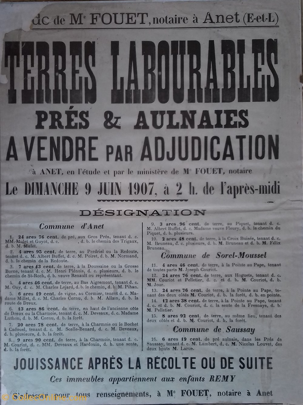 Vente de terres labourables, prés et aulnaies documents anciens affiches institutionnelle vente de terres labourables pres et aulnaies