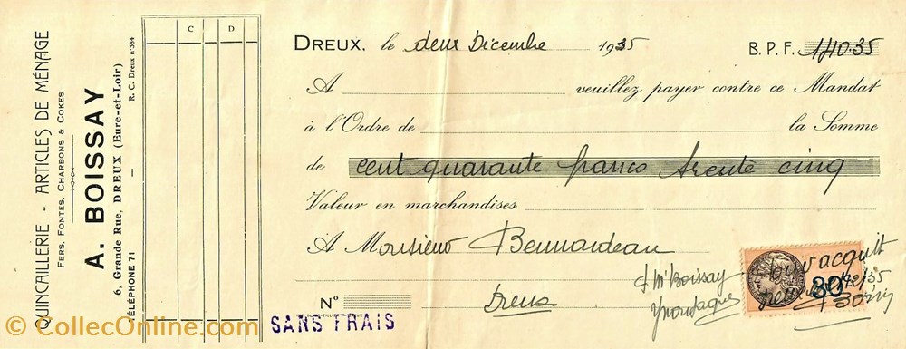 documents anciens factures commerciaux mandat des etablissements boissay