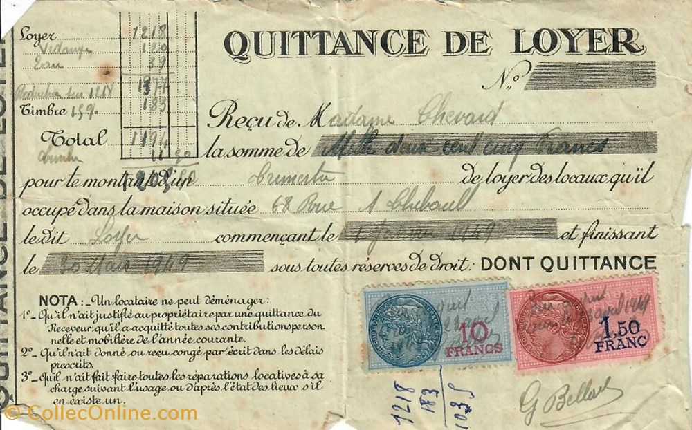 Reçu de quittance de loyer documents anciens factures commerciaux recu de quittance de loyer