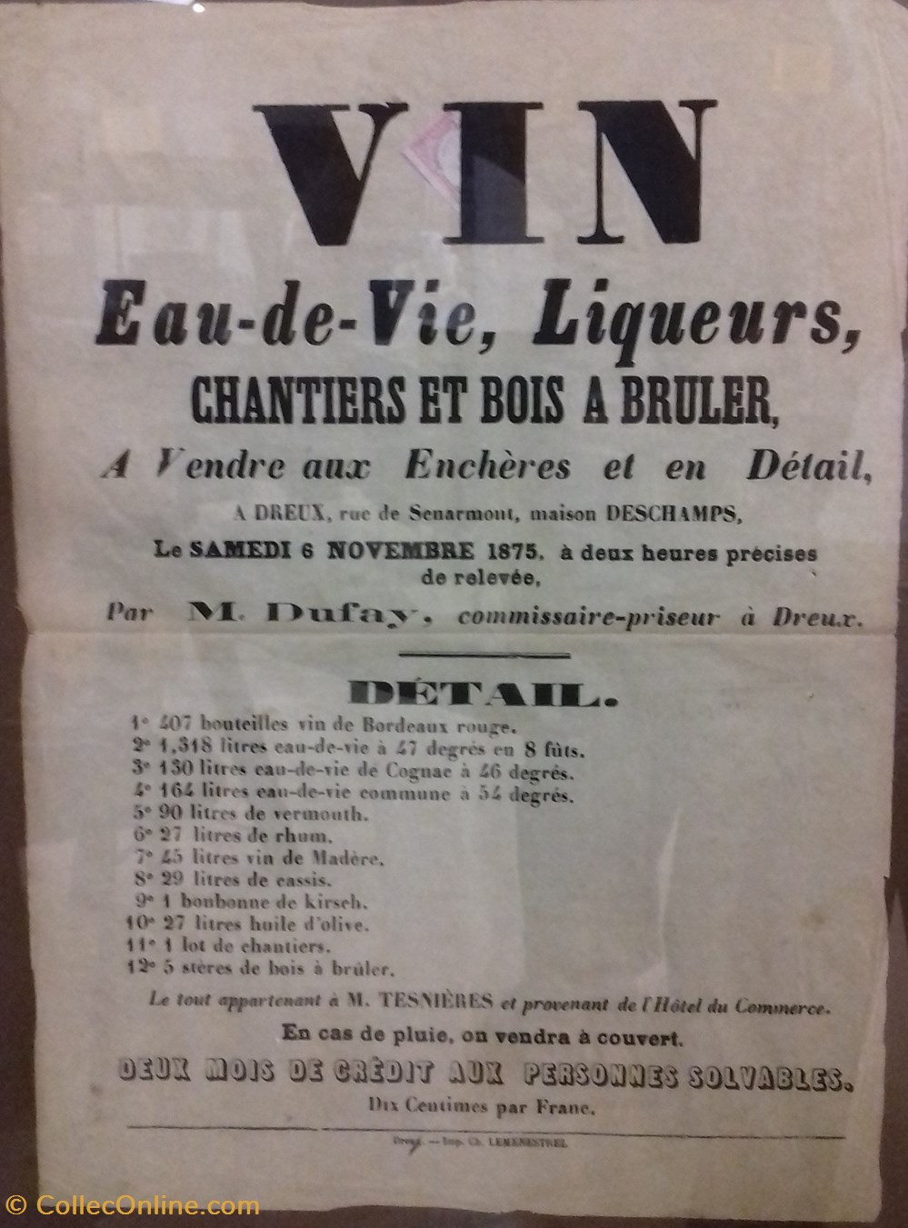 documents anciens affiches institutionnelle vente de vin eau de vie liqueurs chantiers et bois a bruler