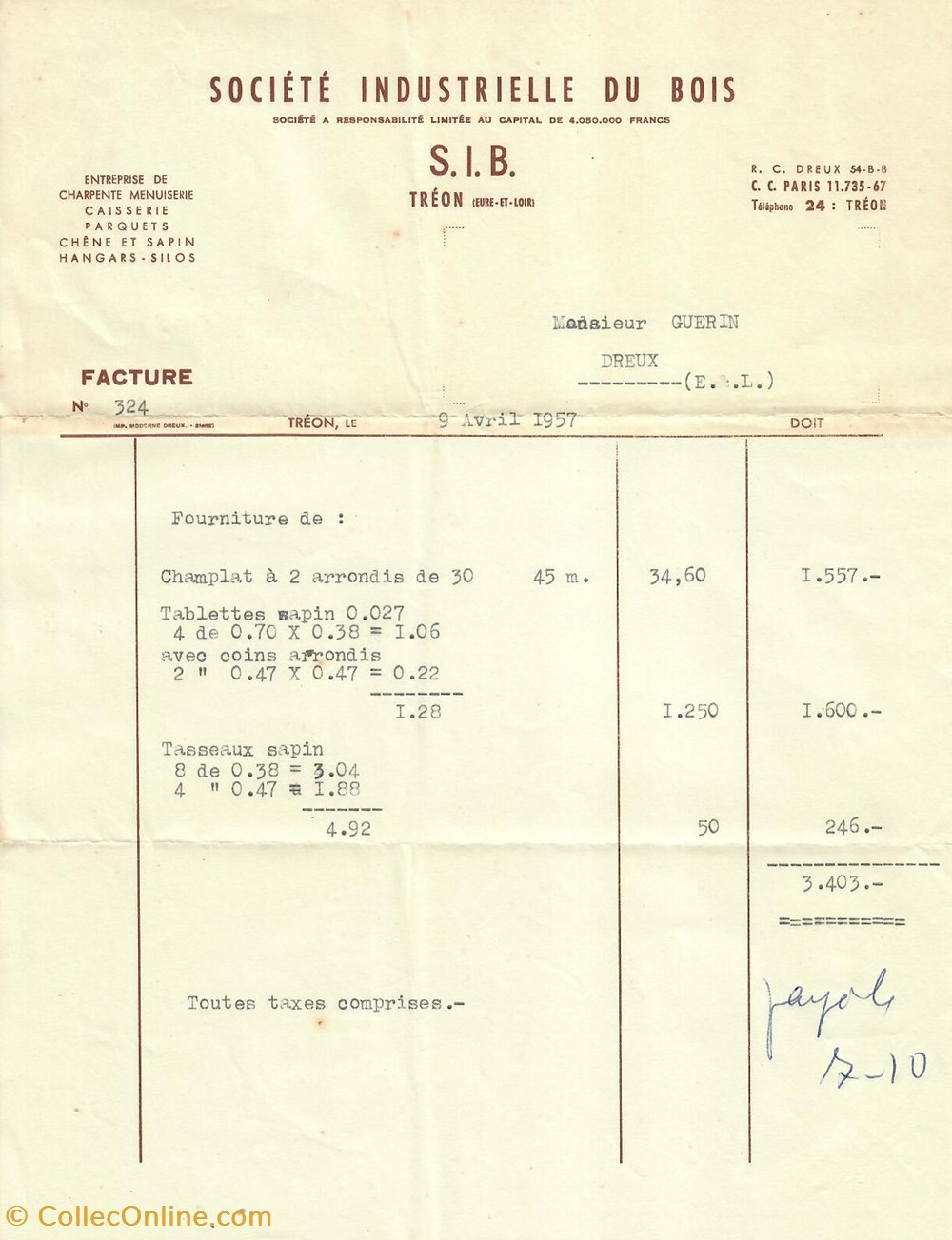 Société Industrielle du Bois documents anciens factures commerciaux societe industrielle du bois