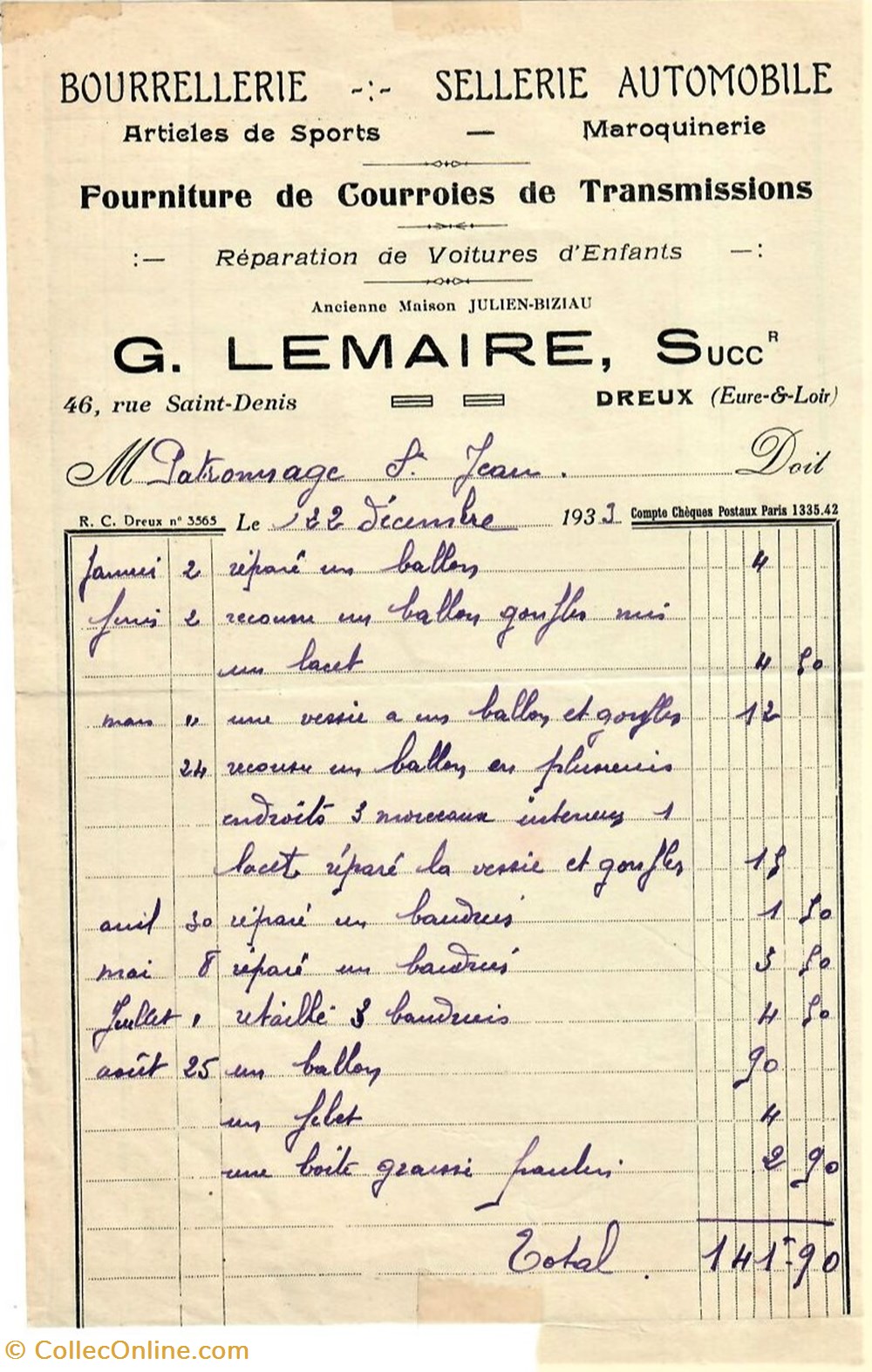 Bourrellerie - Sellerie Automobile G. Lemaire documents anciens factures commerciaux bourrellerie sellerie automobile g lemaire