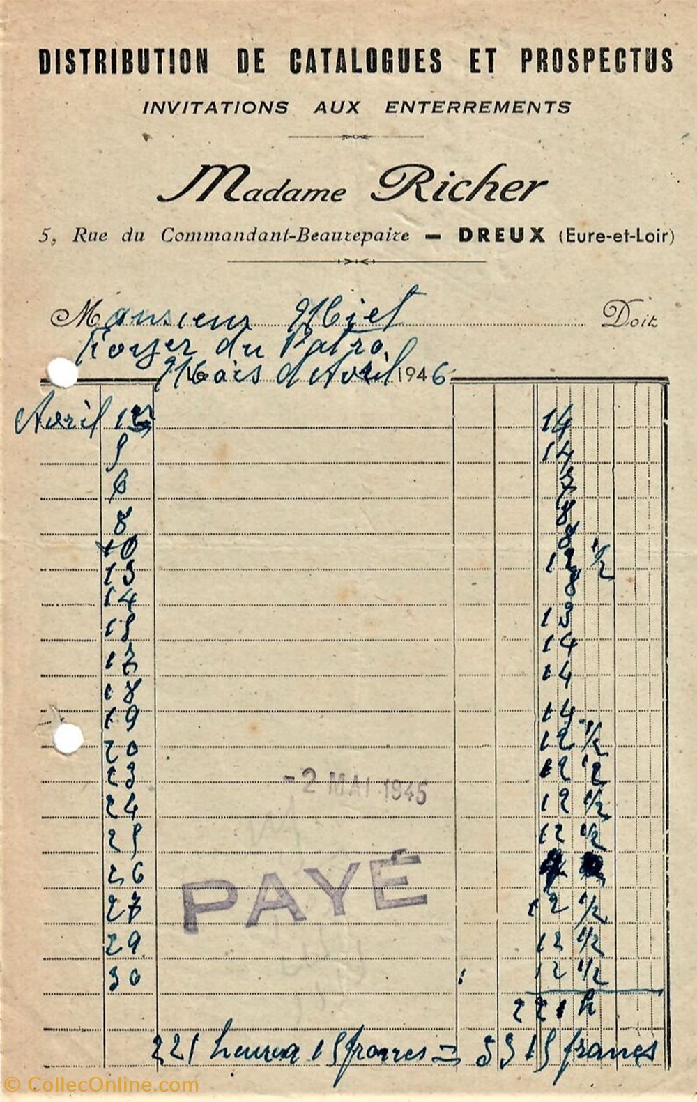 Distribution de Catalogues et Prospectus Madame Richer documents anciens factures commerciaux distribution de catalogues et prospectus madame richer
