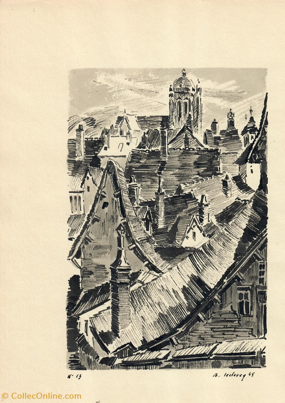 art antiquites peintures dessins toits de ilot rue rotrou grande rue et la tour saint vincent de eglise saint pierre