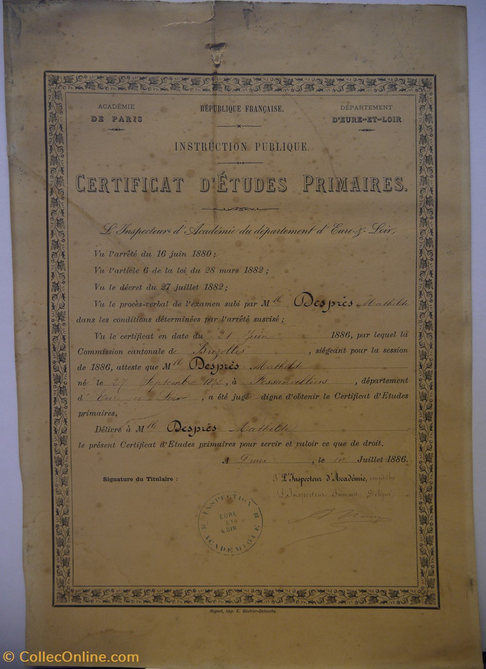 documents anciens diplomes bulletins scolaires certificat etudes primaires decerne a mathilde despres