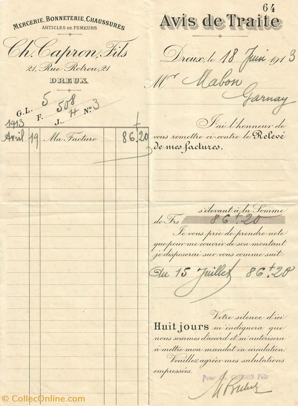 Mercerie Ch. Capron Fils documents anciens factures commerciaux mercerie ch capron fils