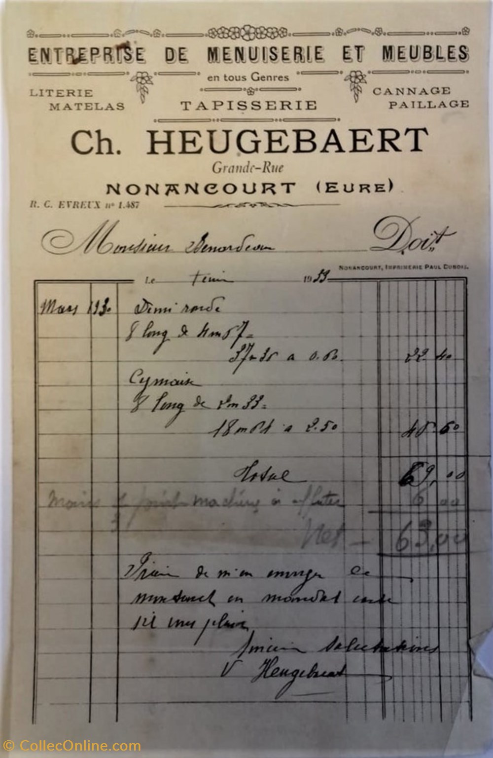 documents anciens factures commerciaux entreprise de menuiserie et meubles ch eugeubaert