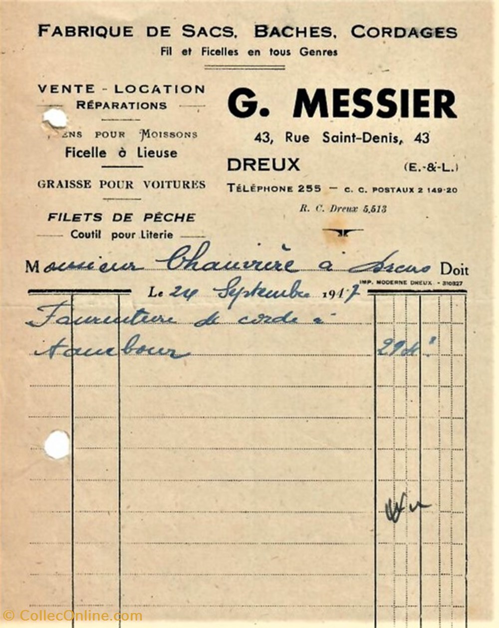 Fabrique de Sacs, Baches, Cordages G. Messier documents anciens factures commerciaux fabrique de sacs baches cordages g messier