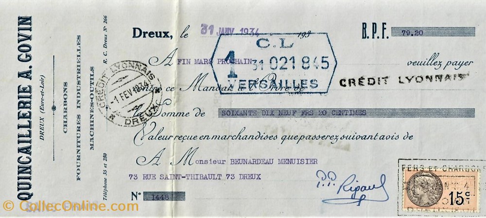 Mandat de la Quincaillerie A. Govin documents anciens factures commerciaux mandat de la quincaillerie a govin