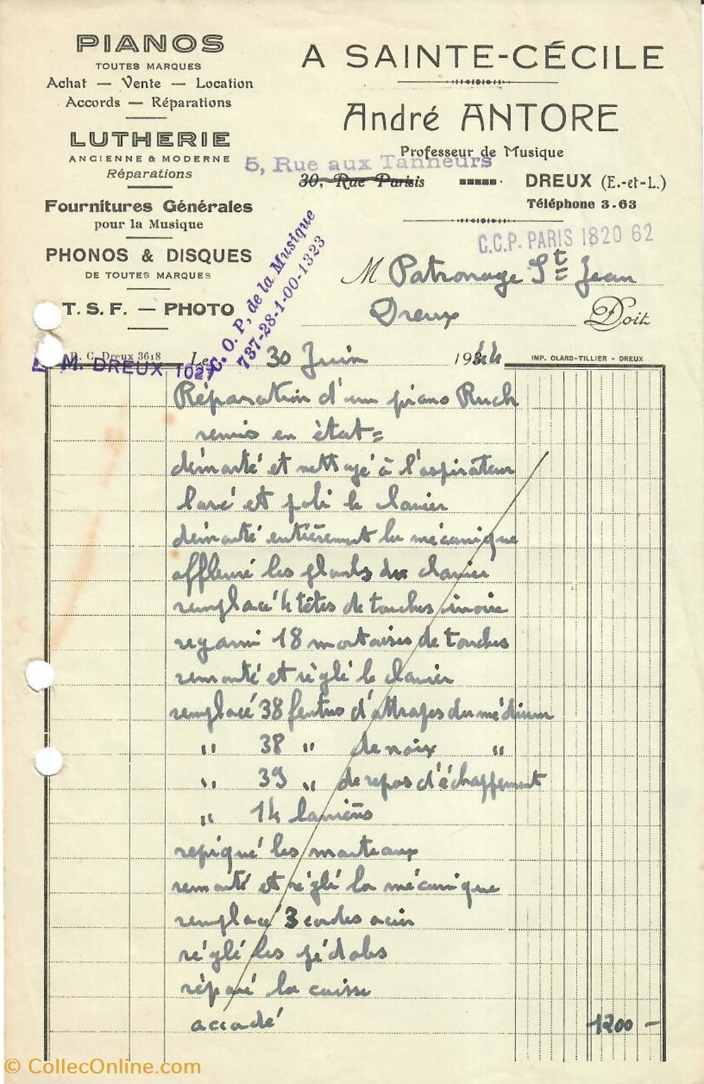 Lutherie André Antore documents anciens factures commerciaux lutherie andre antore
