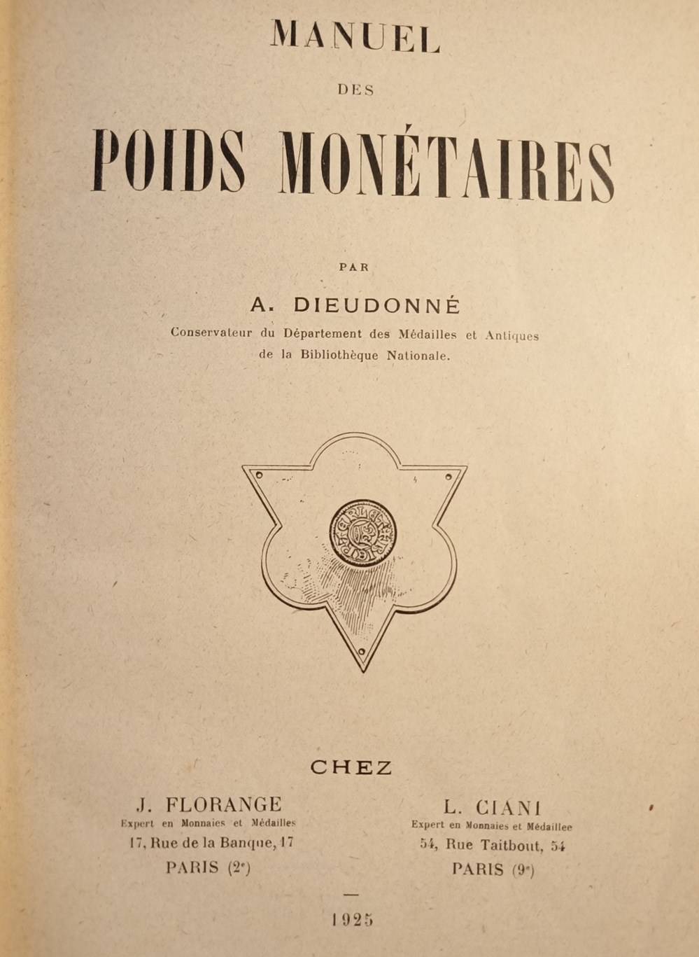 monnaies livres ouvrages dieudonne manuel des poids monetaires 1925