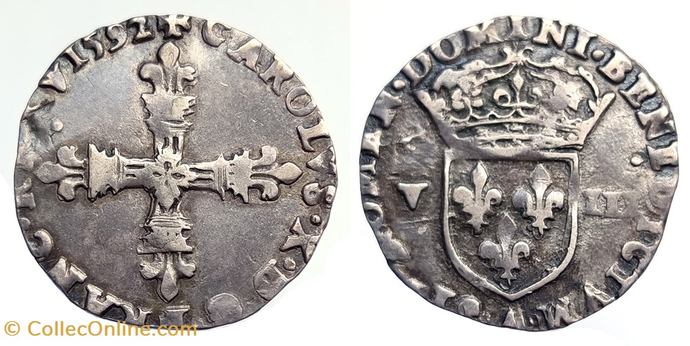 CHARLES X Huitième d'écu 1592 Paris monnaies europe medievale france royales charles x huitieme ecu 1592 paris