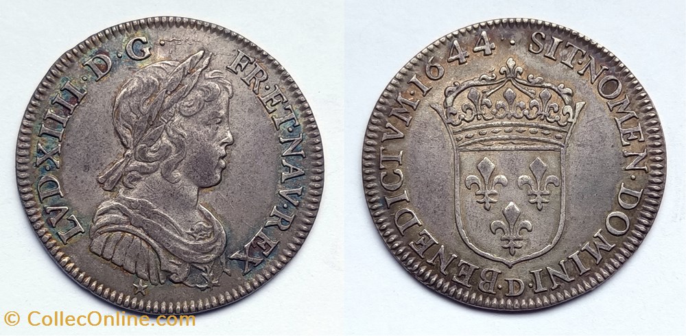 LOUIS XIV Quart d'écu à la mèche courte 1644 Lyon monnaies europe medievale france royales louis xiv quart ecu a la meche courte 1644 lyon