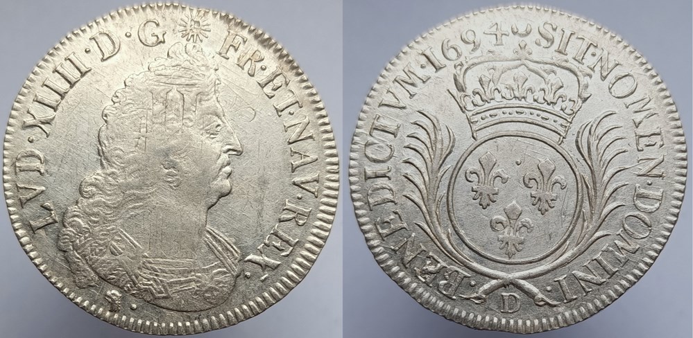 LOUIS XIV Demi écu aux palmes 1694 Lyon monnaies europe medievale france royales louis xiv demi ecu aux palmes 1694 lyon