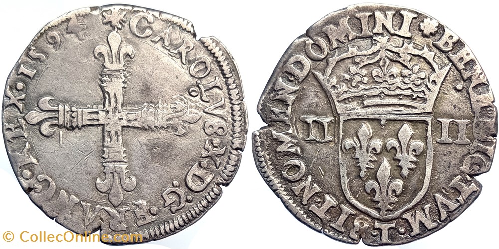 monnaies europe medievale france royales charles x quart ecu croix de face 1594 nantes